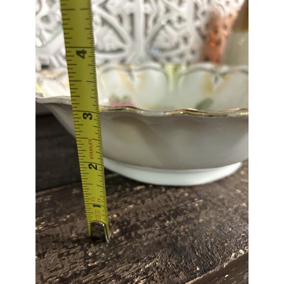 10” German Serving Bowl Rose Floral Scalloped Gold Pink Green Vintage Germany - Picture 3 of 4